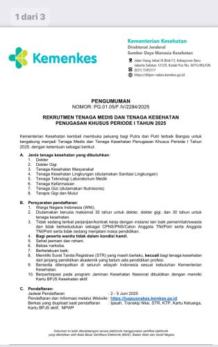 Rekrutmen Tenaga Medis & Tenaga Kesehatan Penugasan Khusus Periode I Tahun 2025