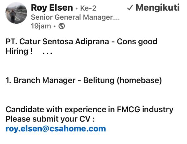 info Loker Branch Manager-PT CATUR SENTOSA ADIPRANA-Belitung