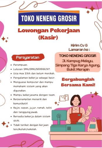 info Loker Kasir-Retail Toko Neneng Pangkalpinang