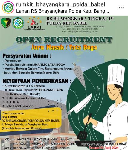 info Loker posisi Ahli Gizi & Juru masak-Rumkit Bhayangkara Polda Babel