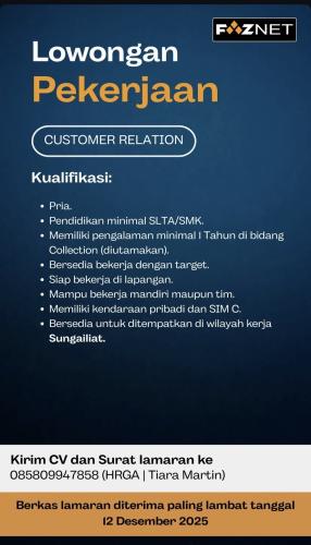 info Loker Customer Relation-FAZNET Pangkalpinang