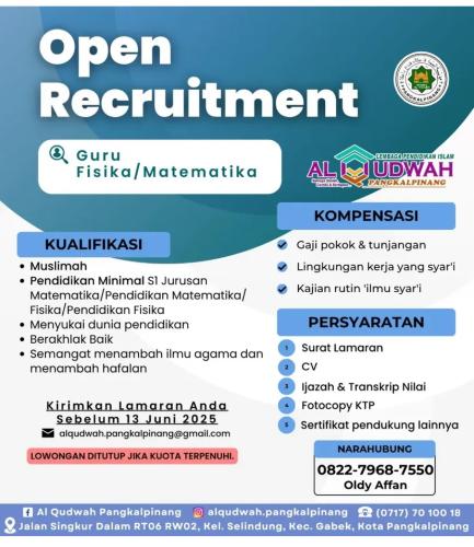 info Loker Guru Fisika/Matematika-Lembaga Pendidikan Islam Al Qudwah-Pangkalpinang