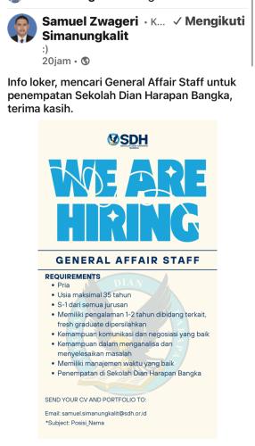 info Loker General Affair Staff-Sekolah Dian Harapan-Bangka