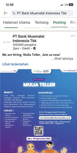 info Loker Teller-Tanjung Pandan Sub Branch-Bank Muamalat