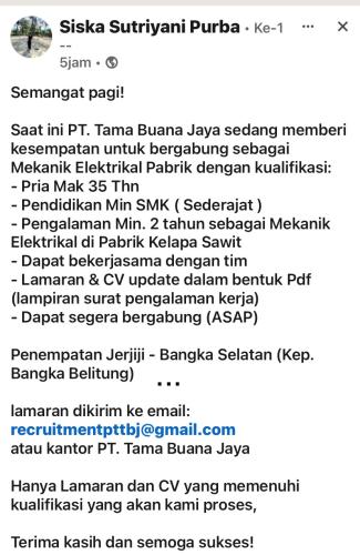 info Loker Mekanik Elektrikal Pabrik-PT Tama Buana Jaya-Bangka Selatan