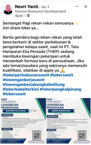 info Loker staff Mill Cost  Control & Admin Marketing-PT THEP-Bangka