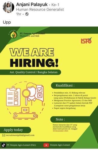 info Loker Ast Quality Control-PT Fenyen Agro Lestari-Bangka Selatan