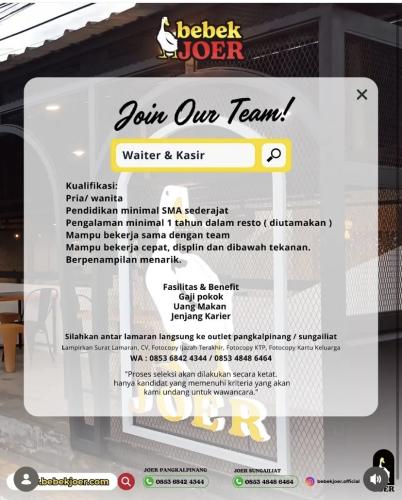 info LOker Waiter & Kasir Bebek Joer(Restoran) Pangkalpinang