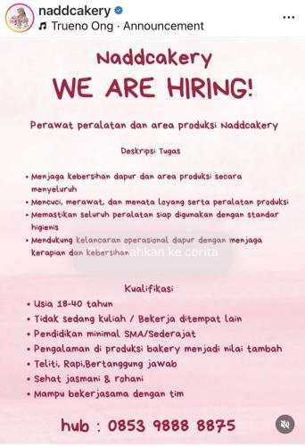 info Loker posisi Perawatan Peralatan & Area Produksi NADDCEKERY Pangkalpinang