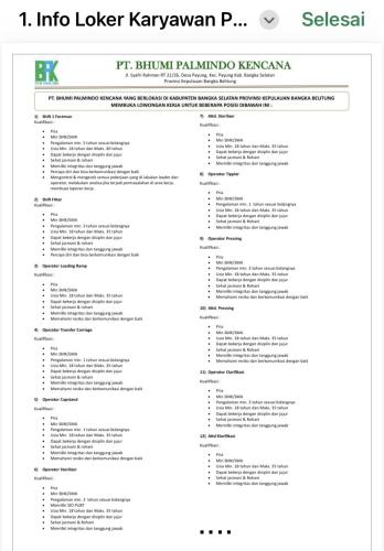 info Loker 45 Formasi PT BHUMI PALMINDO KENCANA-Bangka Selatan