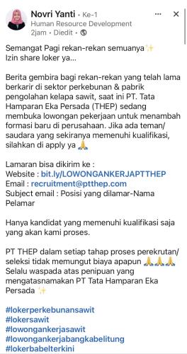 info Loker Estate Cost Control & Safety Man/Safety Patrol-PT THEP Bangka