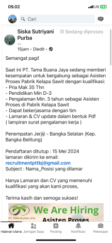 PT Tama Buana Jaya butuh ASISTEN PROSES