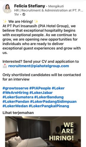 info Loker F&B Service Leader,Cook,Housekeeping Staff  & Sales Marketing-PT Puri Insanasih/PIA Hotel-Pangkalpinang