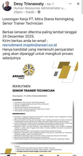 info Loker Senior Trainner Technician & Performance-People Development Staff-PT  MITRA STANIA KEMINGKING