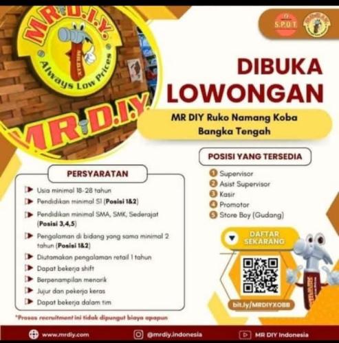 info Loker Supervisor,Asist Supervisor,Kasir,Promotor & Store Boy-MR DIY  Indonesia