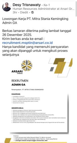 info Loker Admin GA-PT Mitra Stania Kemingking