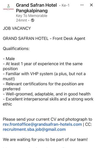 info Loker Front Desk Agent-GRAND SAFRAN HOTEL-Pangkalpinang