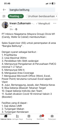 info Loker Sales Supervisor-PT Inbisco Niagatama/Mayora Group