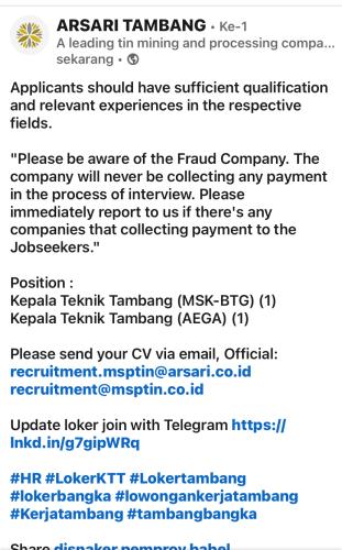 info Loker Kepala Teknik Tambang penempatan Belinyu & Desa Kemingking