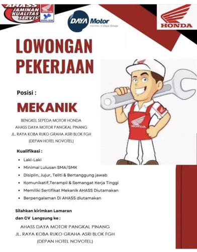 info Loker Mekanik-Ahass Daya Motor Pangkalpinang