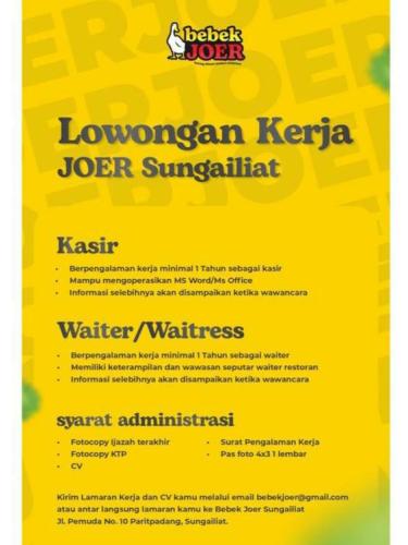 info Kerja posisi Kasir & Waiter/Waitress-Bebek Joer-Sungailiat