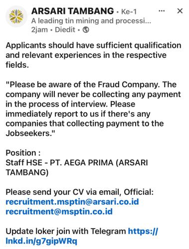 info Loker Staff HSE-PT Aega Prima/Arsari Tambang-Bangka