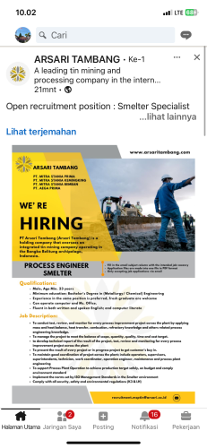 info Loker Process Engineer Smelter-Arsari Tambang Group