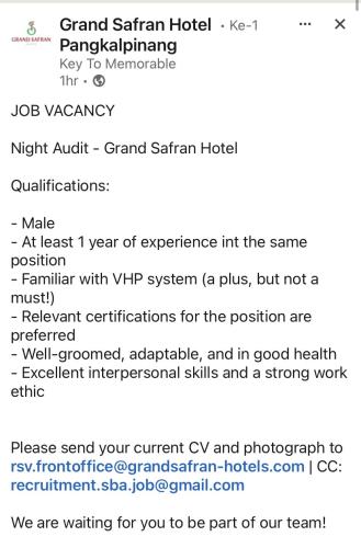 info Loker Night Audit-Grand Safran Hotel Pangkalpinang
