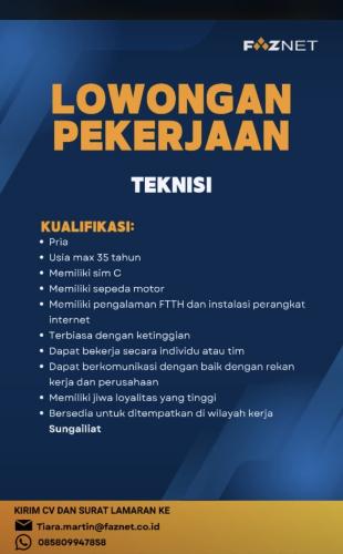 info Loker Teknisi PT  Mitra LIntas Multimediia/FAZNET-Penempatan Sungailiat