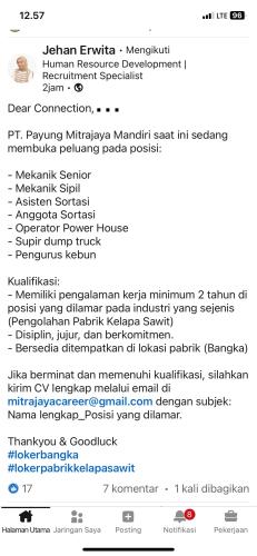 info Loker Mekanik Senior,Mekanik Sipil,Asisten Sortasi,Anggota Sortasi,Operator Power House,Supir Dump Truck,Pengurus Kebun- PT Payung Mitrajaya Mandiri