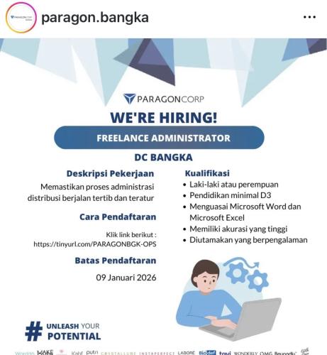 info LOker Freelance Administrator & Freelance Logistik-PARAGON BANGKA