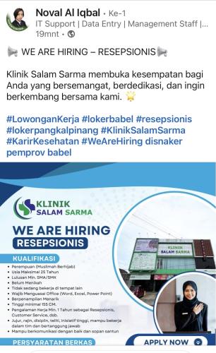 info Loker posisi Resepsionis-Klinik Salam Sarma