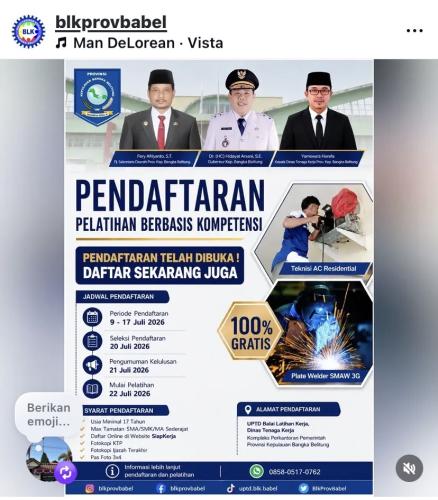 info Pelatihan Gratis di Balai Latihan Kerja Disnaker Babel