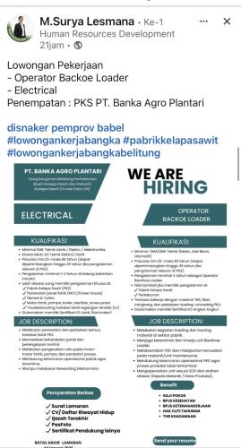 info Loker Operator Backoe Loader & Elektrical-PT Banka Agro Plantari