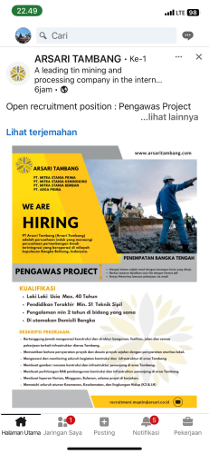 info Loker Pengawas Projek-Arsari Tambang-Bangka