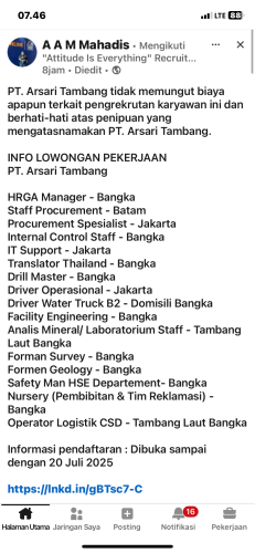 info Loker 12 Posisi PT ARSARI TAMBANG-Bangka