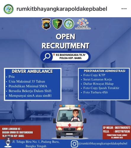 info Loker Driver Ambulance & Humas/Conten Creator-Rumkit Bhayangkara Polda Kep BabeL