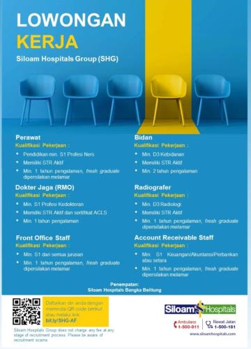 info Loker Perawat,dokter Jaga,Front Office Staff,Bidan,Radiografer,Account Receivable Staff-Siloam Hospital Bangka