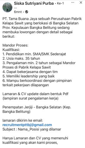 info  Loker Mandor Proses-PT Tama Buana Jaya-Bangka Selatan