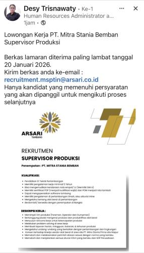 info Loker Supervisor Produksi-PT Mitra Stania Bemban-Bangka