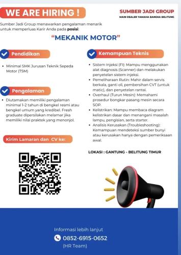 info Loker Mekanik Motor-SUMBER JADI GROUP