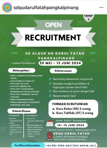 info Loker Guru Kelas & Guru Tahfids-SD ALQUR'AN Darul Fatah-Pangkalpinang