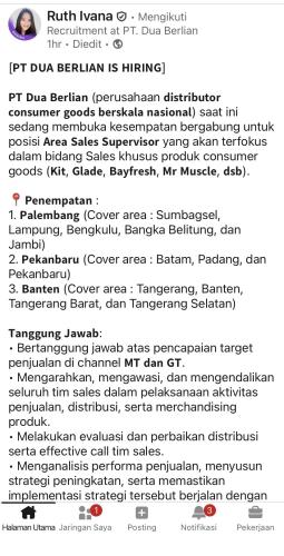 info Loker Area Sales Supervisor-PT Dua Berlian