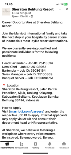info Loker Head Bartender,Demi Chef,Bartender,Sales Manager & Banquet Server-Sheraton Belitung Resort