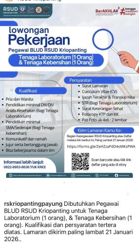 info Loker Tenaga Laboratorium & Kebersihan-RUMKIT Umum Kriopanting-Payung