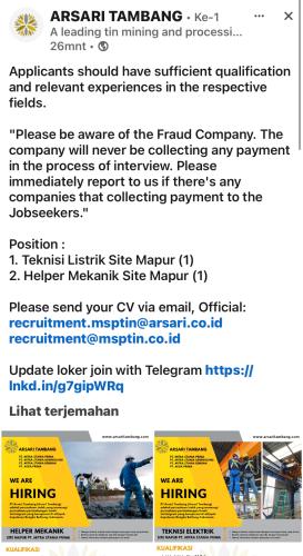 info Loker Teknisi Listrik & Helper Mekanik-Arsari Tambang Bangka