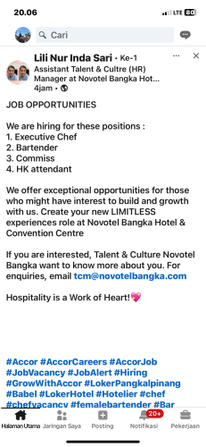 info Loker Executive Chef,Bartender,Commiss & HK Attendant-Novotel Bangka  Hotel