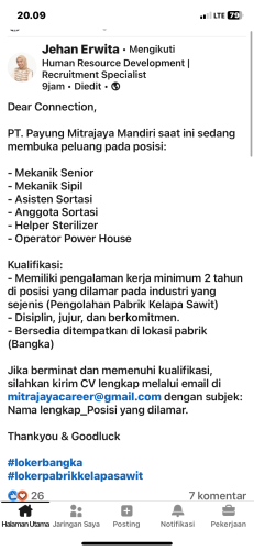 info Loker Mekanik Senior,Mekanik Sipil,Asisten Sortasi,anggota sortasi,Helper Sterilizer & Operator Power House-PT Payung Mitrajaya Mandiri-Bangka