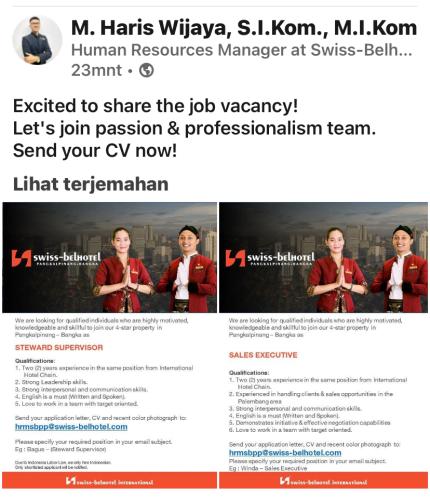 info Loker Steward Supervisor & Sales Executive-Swiss Bel Hotel-Pangkalpinang