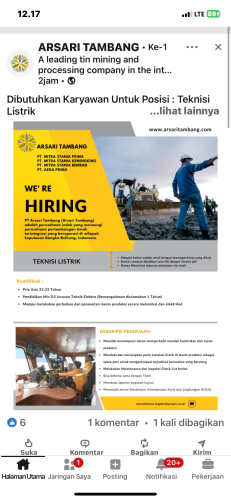 info Loker TEKNISI LISTRIK-ARSARI TAMBANG-Bangka